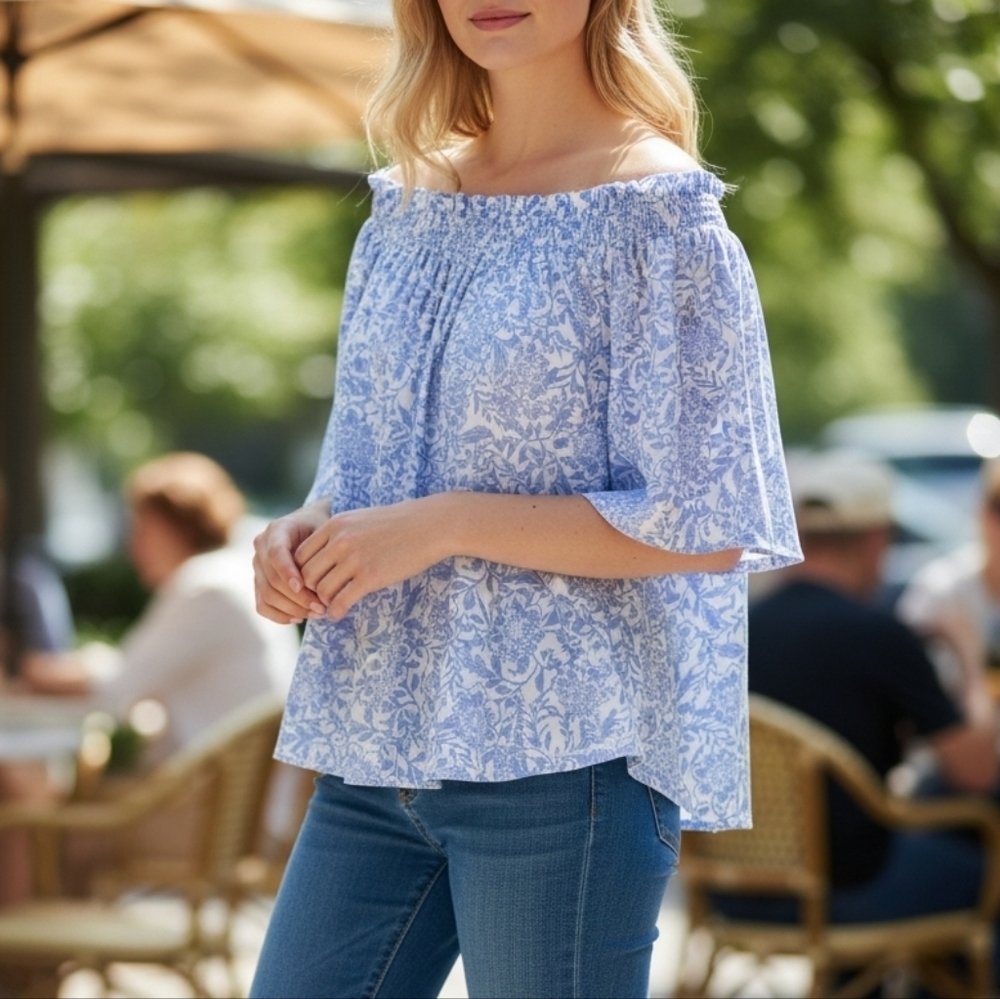 CeCe Floral Print Blouse in Blue and White